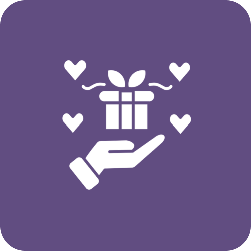 Hand holding a gift box with hearts around it on a purple background.