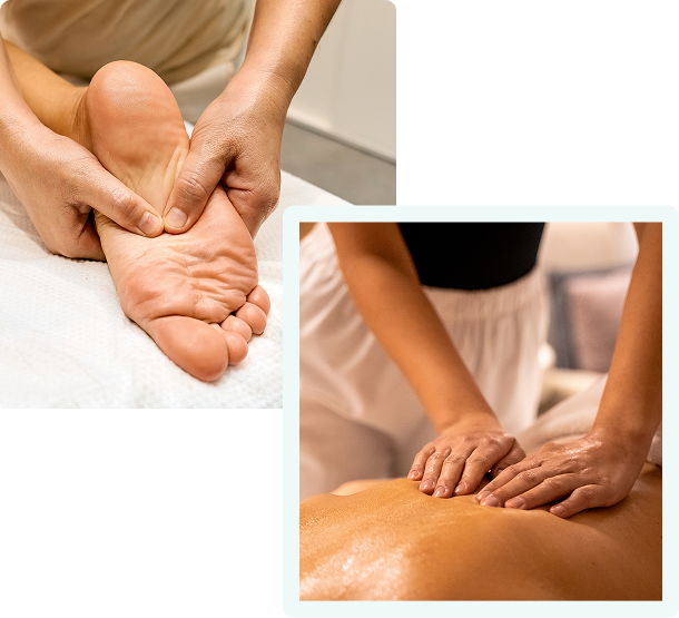 Two images showing hand massages on foot and back.