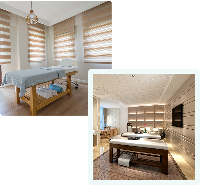 A cozy massage room with a treatment table and soft lighting.