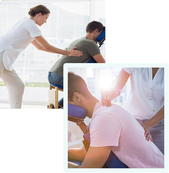 Client enjoying a relaxing chair massage in a calm massage studio.