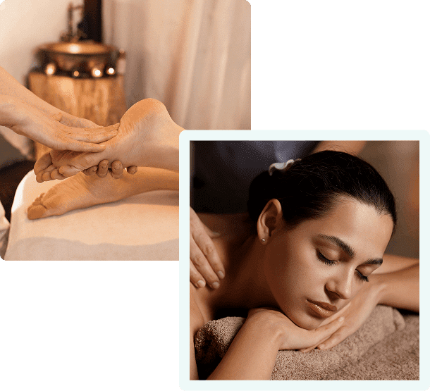 Woman receiving relaxing massage and foot therapy.