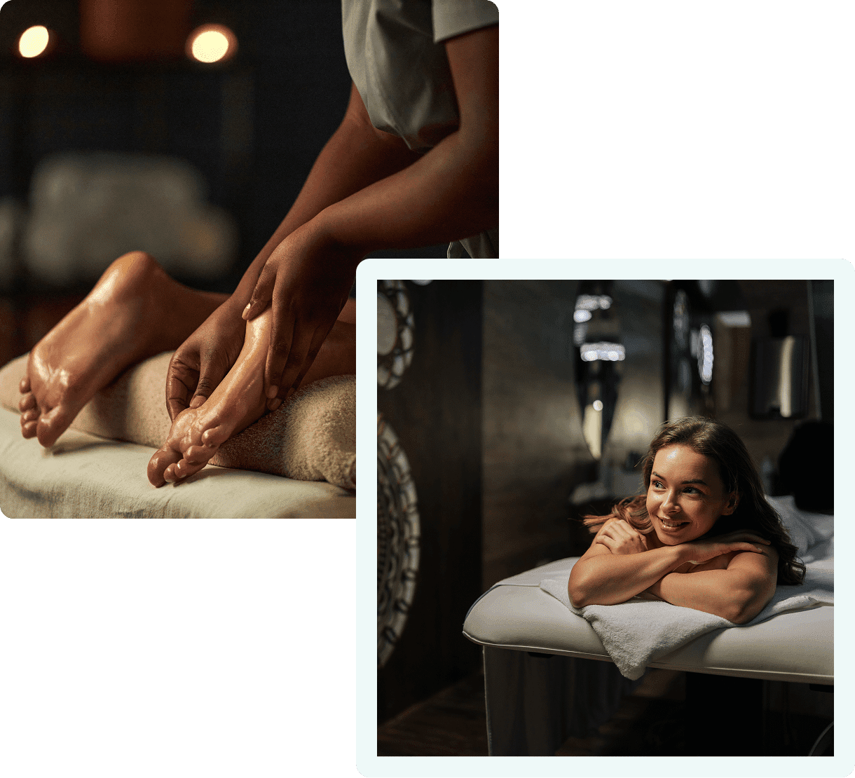Foot massage and woman relaxing at spa.