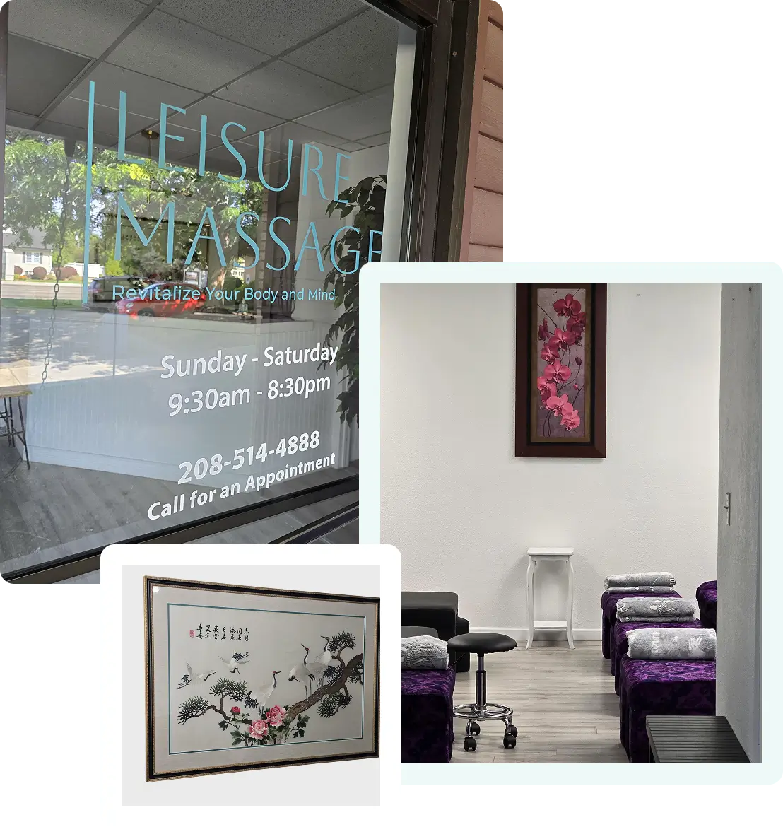 Inside a peaceful leisure massage studio with calming art and treatment beds.