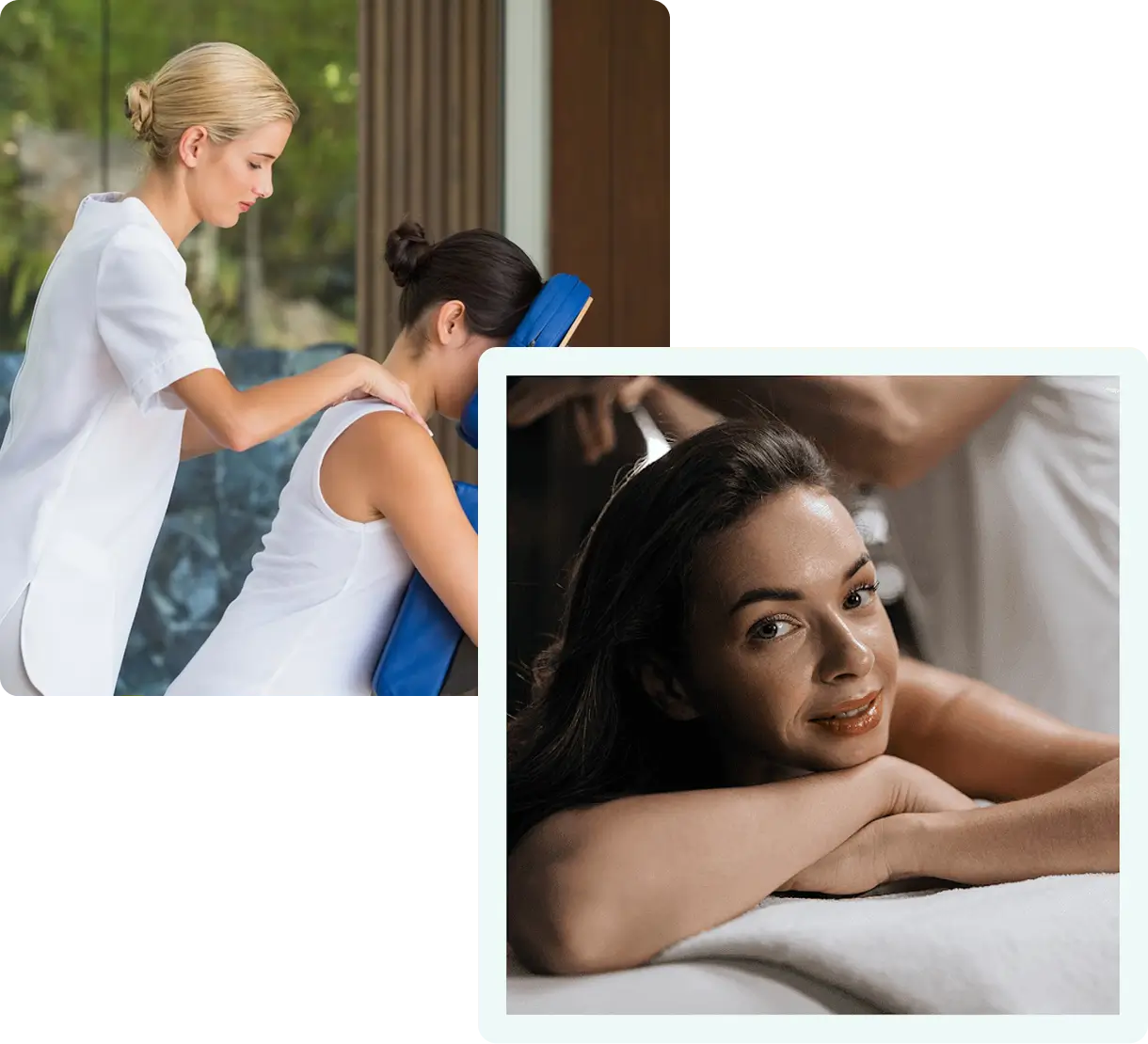 A woman receiving a shoulder massage from a therapist.